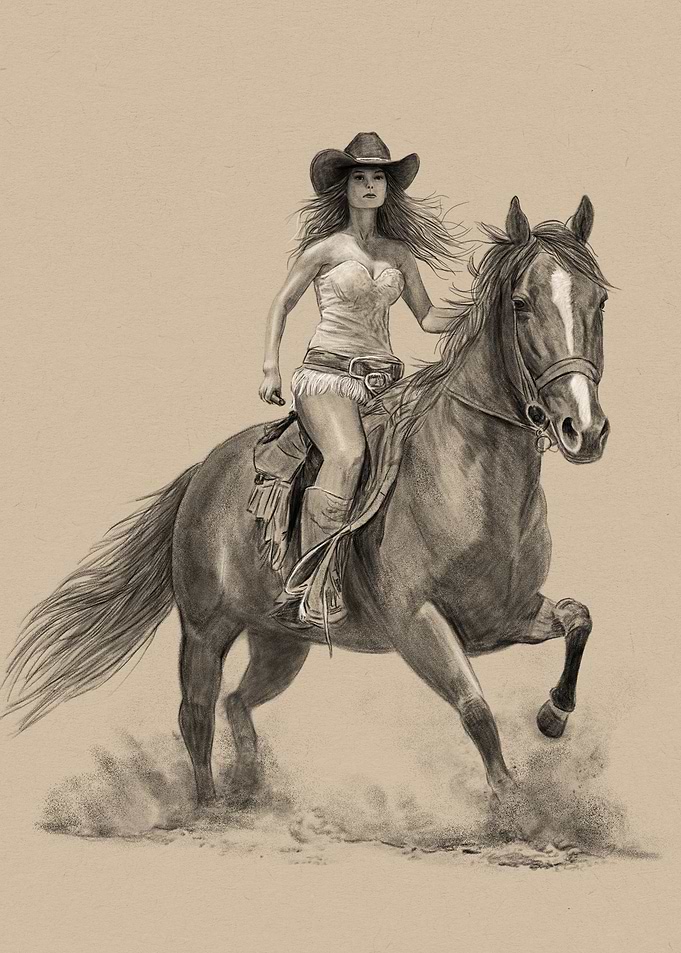 Cowgirl riding horse, pencil drawing