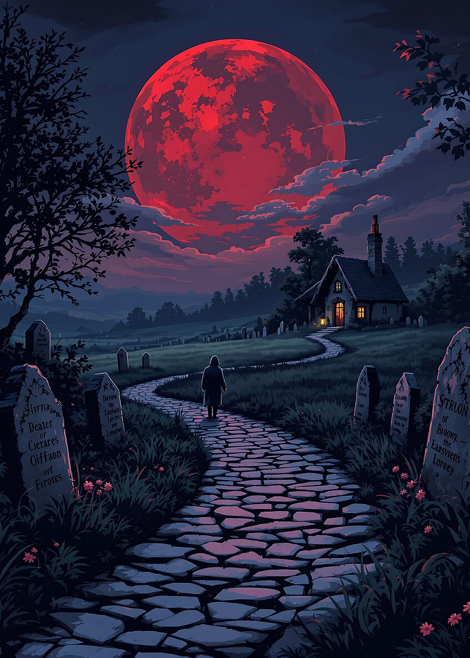 Night Cemetery Path Under Red Moon