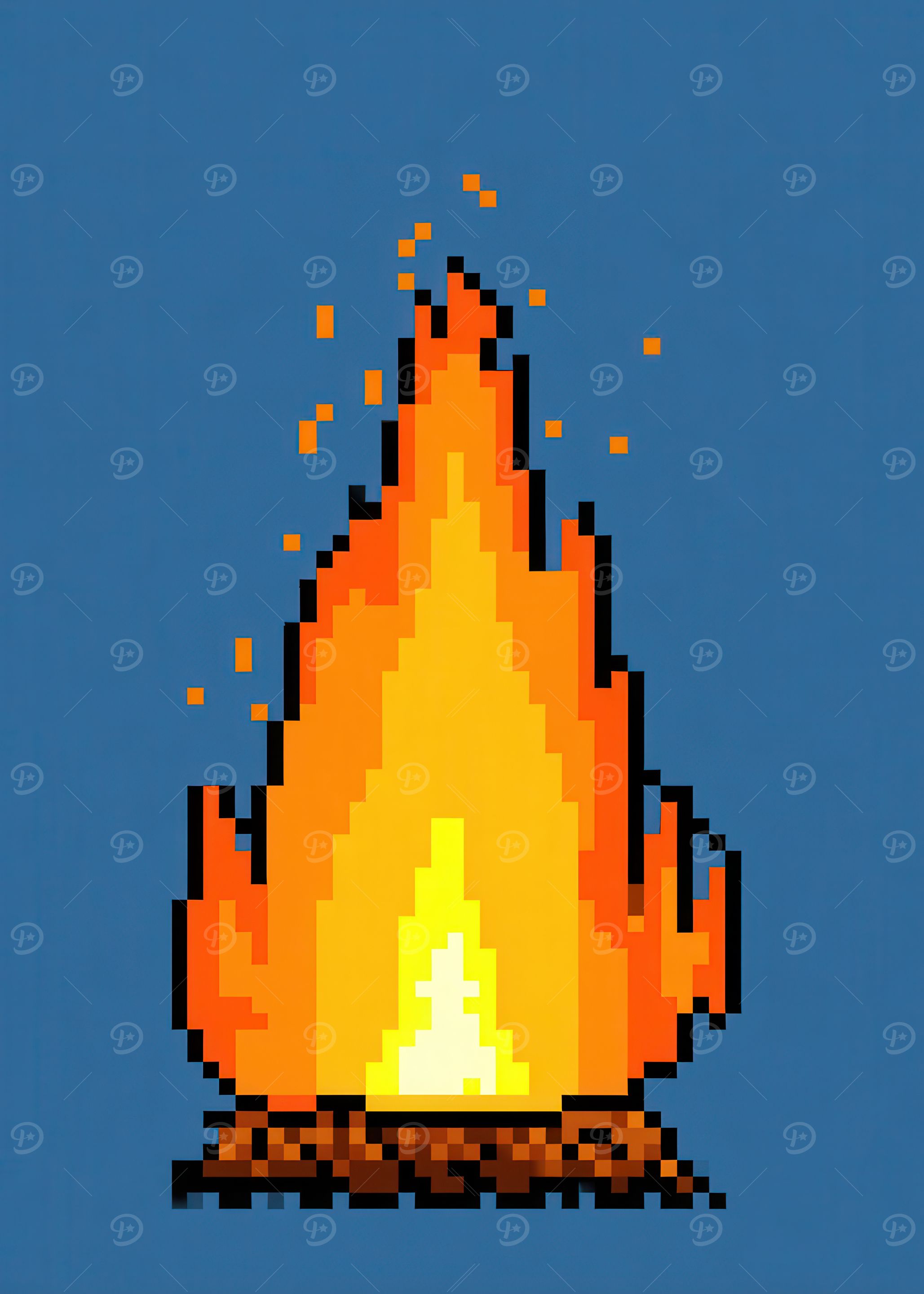 Pixel Art Campfire on Blue Background