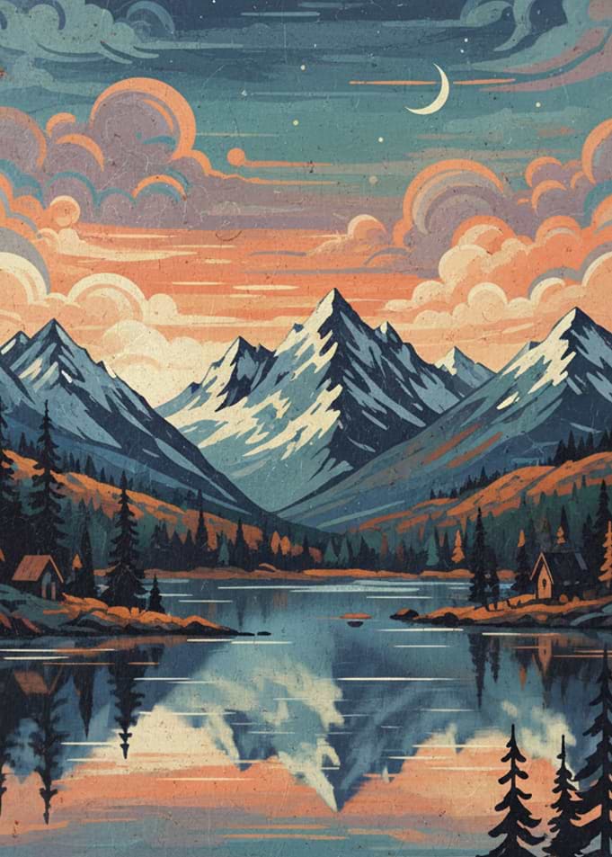 Mountain Lake Landscape with Cabin