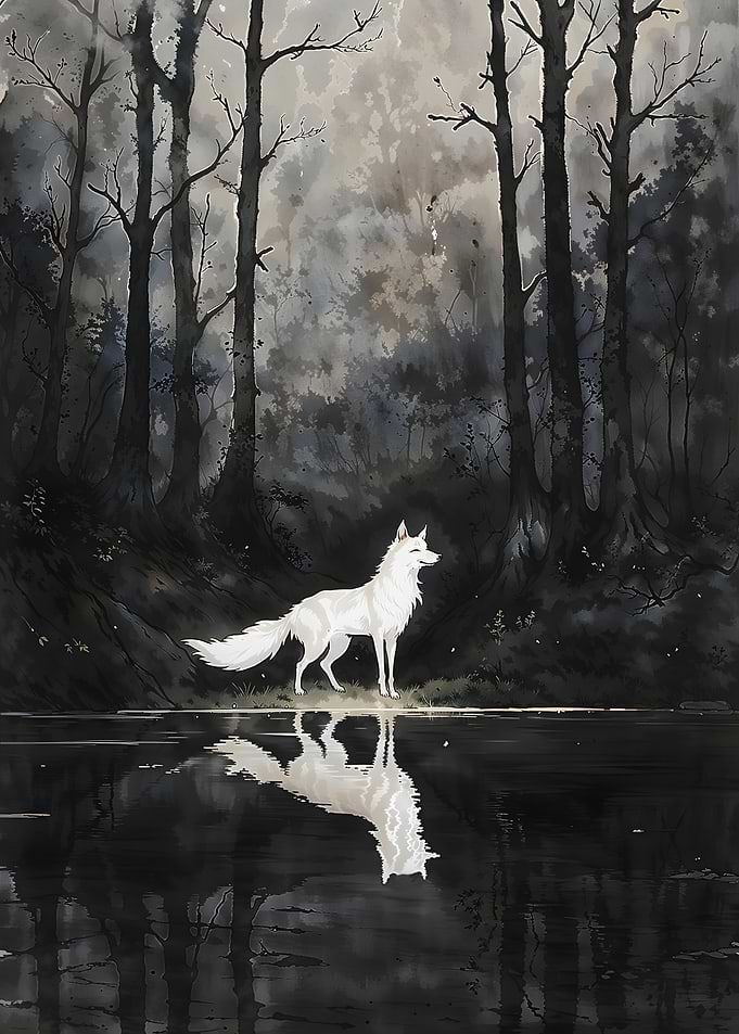 Lone White Fox - Mystical Reflections in Dark Forest