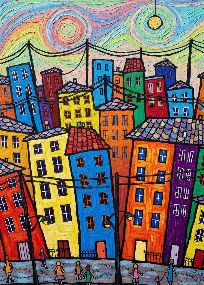 Colorful Whimsical Cityscape Painting