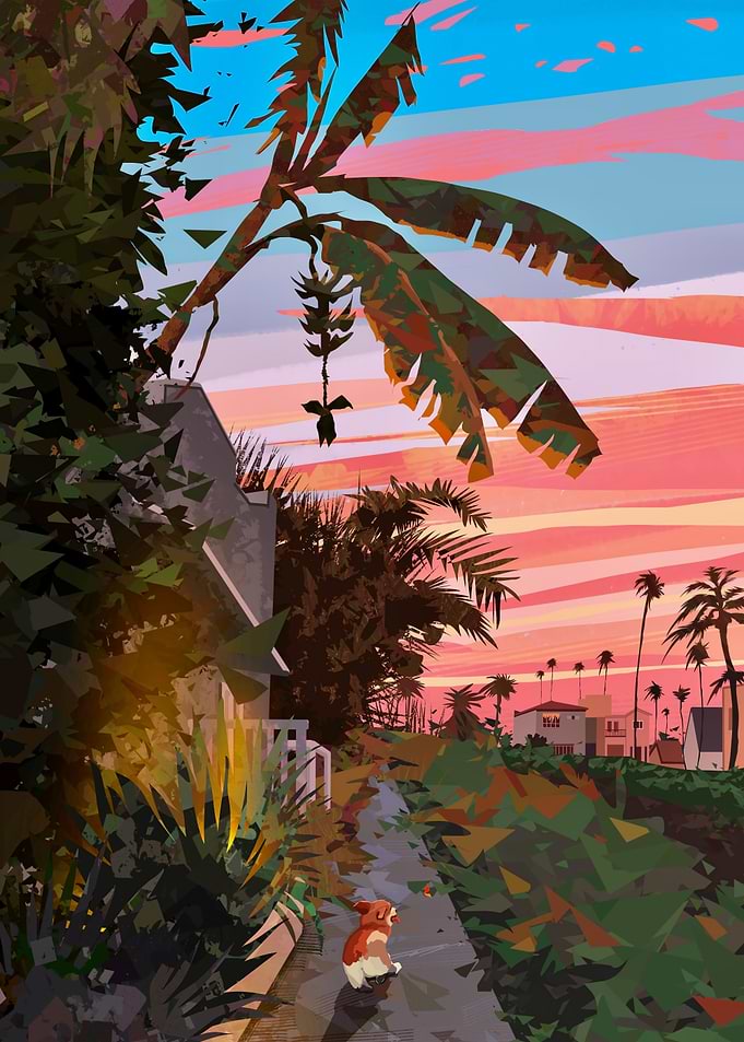 Tropical Sunset with Dog Illustration