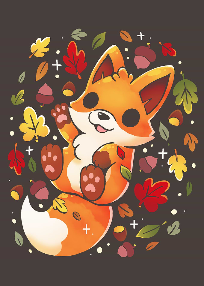 Cute Fox with Autumn Leaves and Acorns