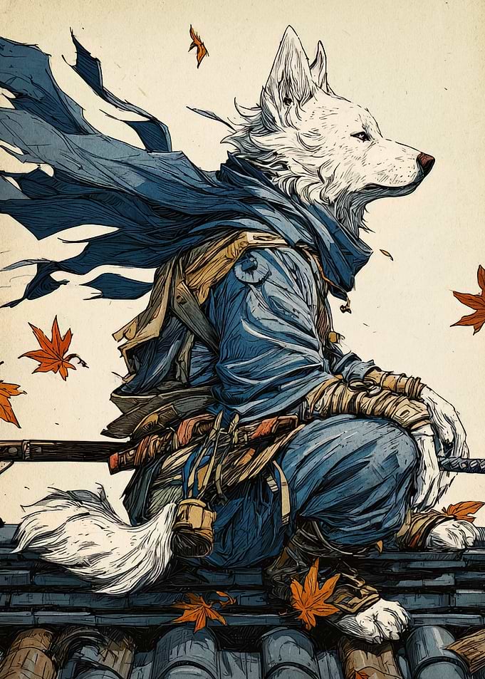Wolf Samurai on Rooftop with Falling Leaves