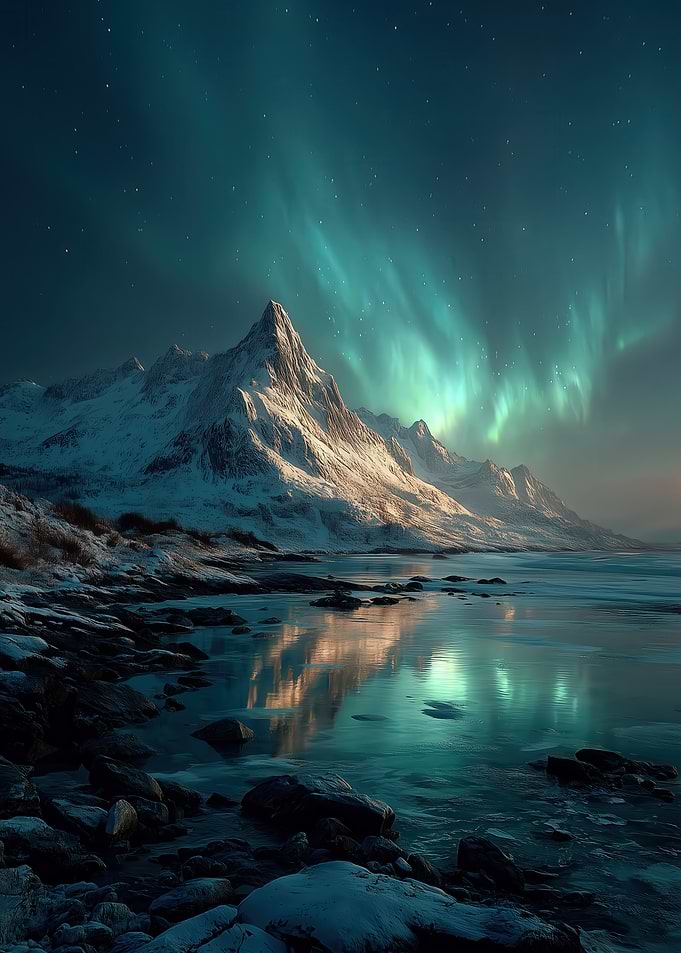 Aurora Borealis over Snowy Mountains