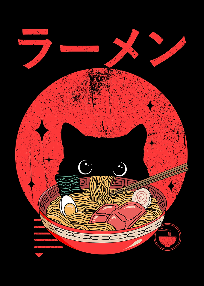 Cute Black Cat Eating Ramen Bowl
