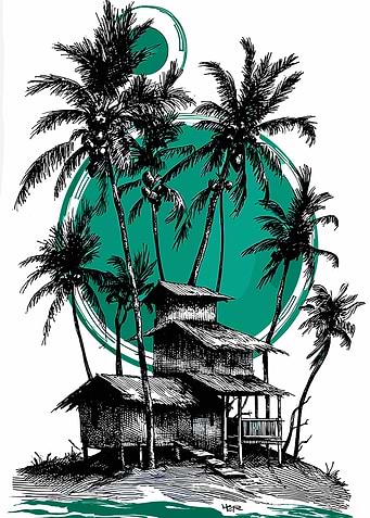 Tropical Island Hut with Palm Trees