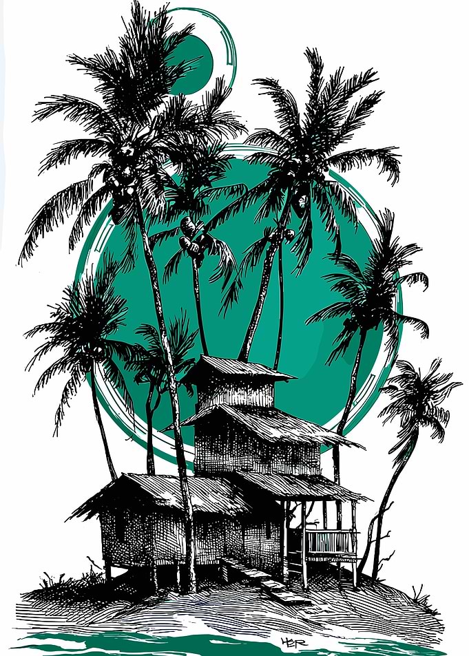 Tropical Island Hut with Palm Trees