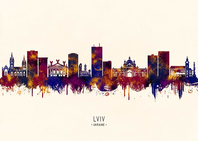 Lviv Ukraine Skyline Watercolor Silhouette