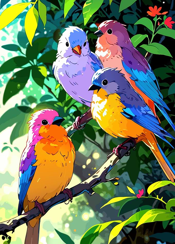 Colorful Birds on Branch Illustration
