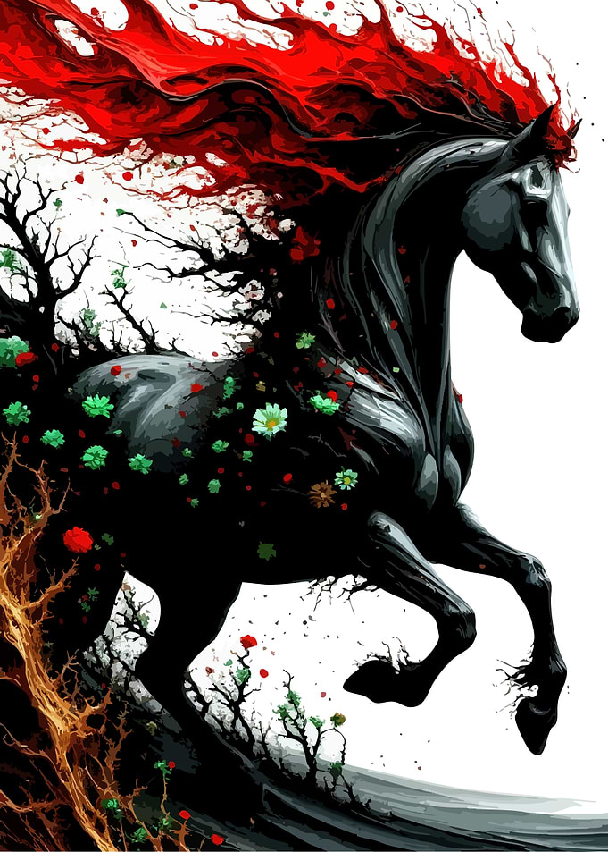 Floral Black Horse with Red Mane