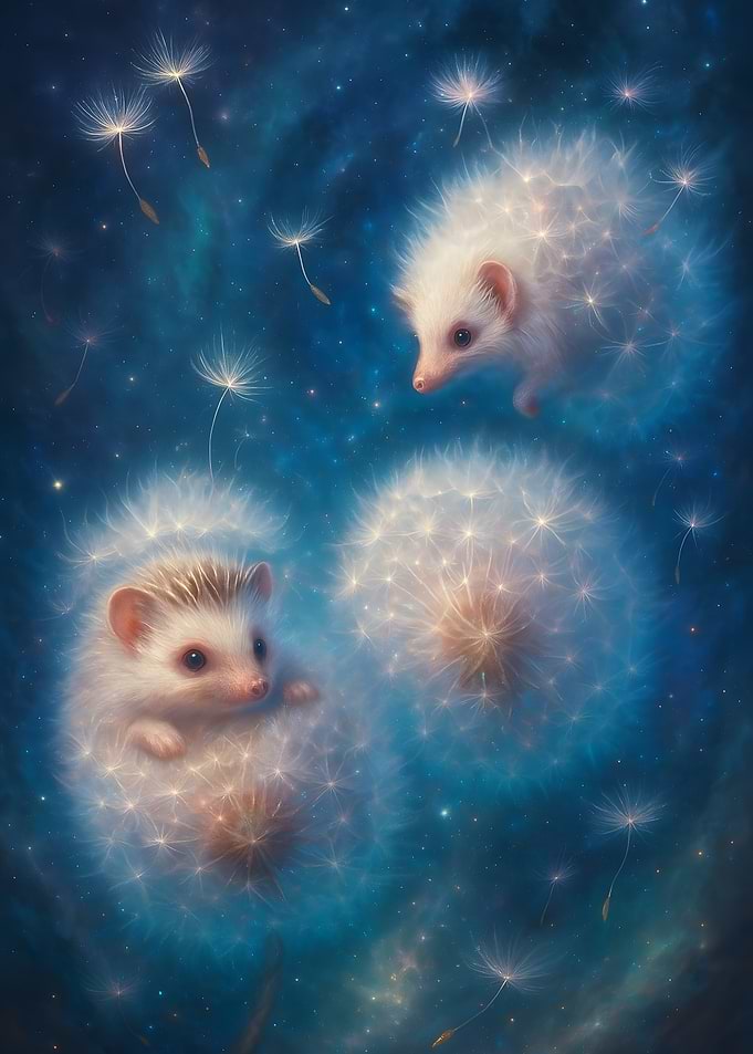 Hedgehogs in Dandelions, Dreamy Scene
