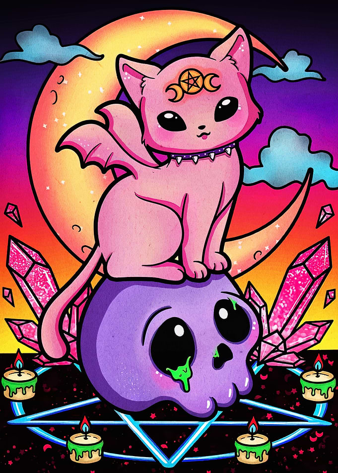 Witchy Cat on Skull Illustration