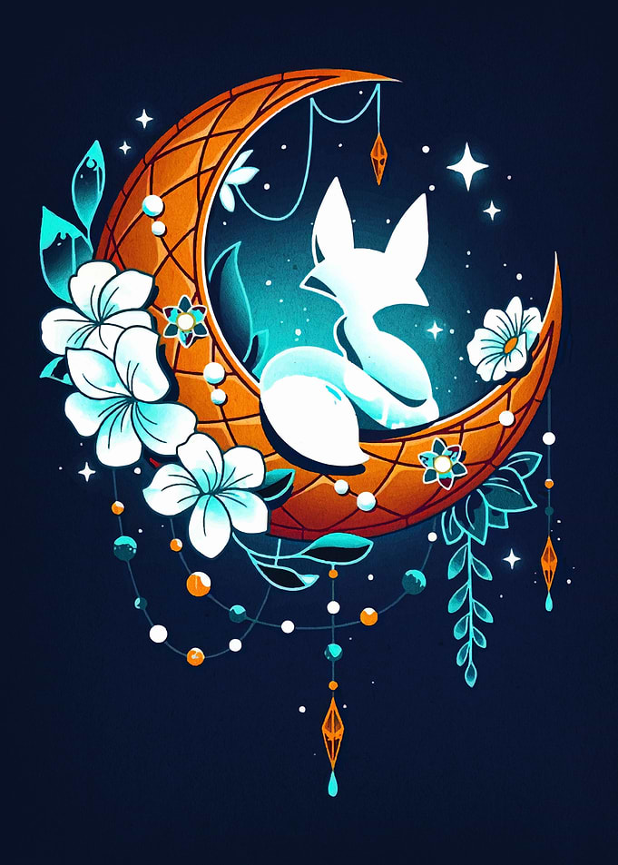 Fox on Moon with Flowers