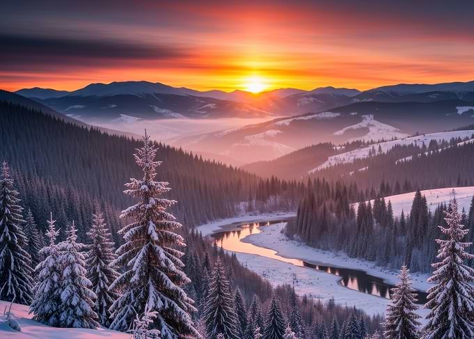 Winter Mountain Landscape at Sunset