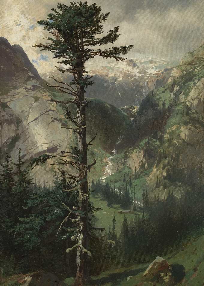 Mountain Landscape Painting with Tall Tree