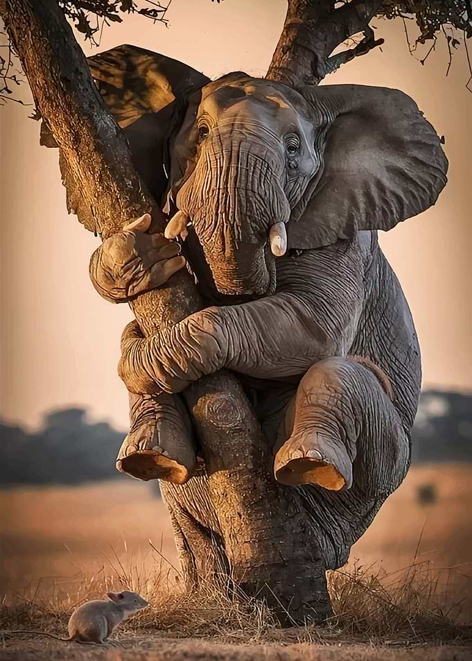 Elephant hugging tree with mouse below