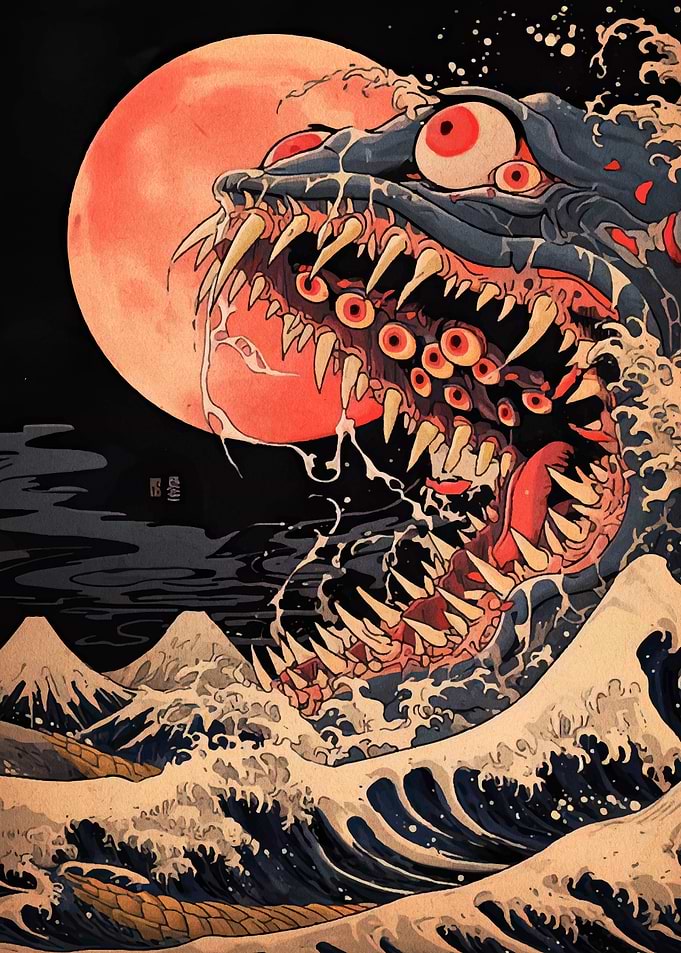 Monster wave Japanese art style