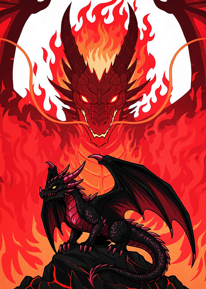 Two Dragons in Fiery Landscape