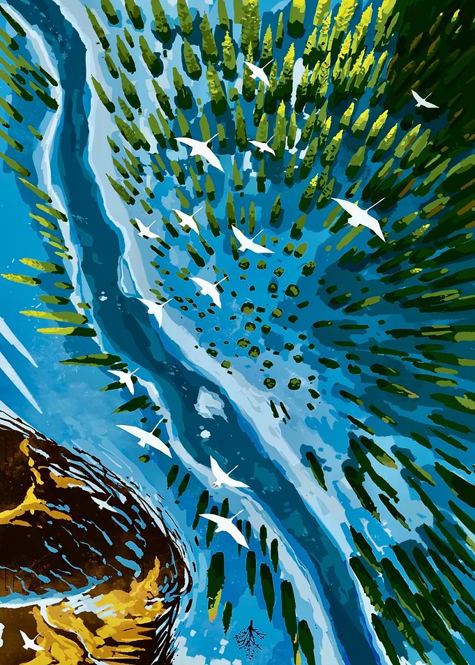Birds Flying Over River and Forest