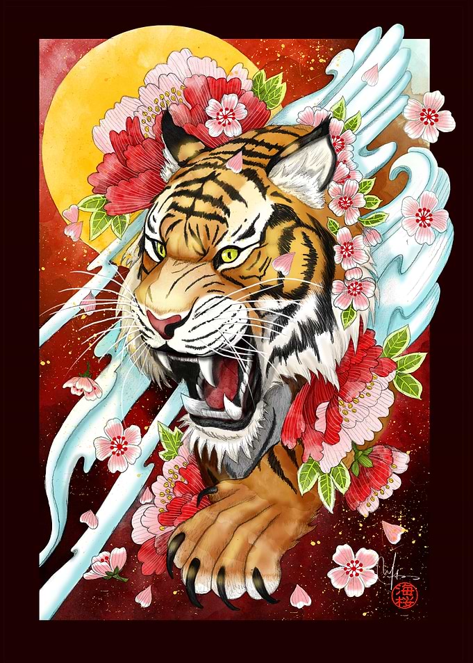 Tiger with Flowers and Japanese Art