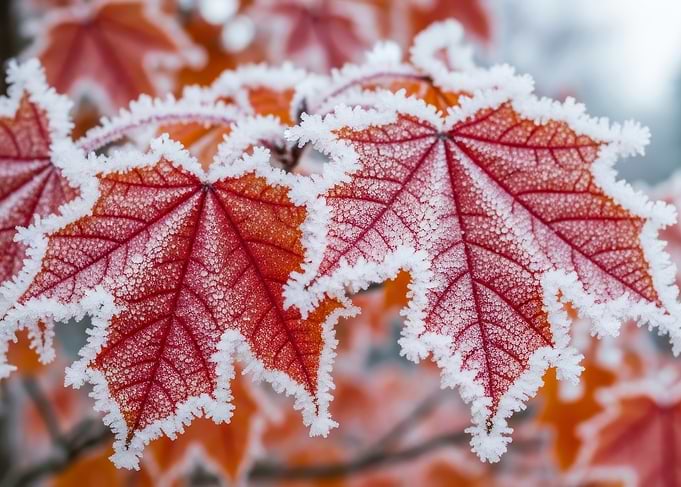 Frosty Red Maple Leaves Close-Up