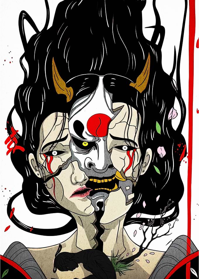 Japanese Mask and Woman Digital Art