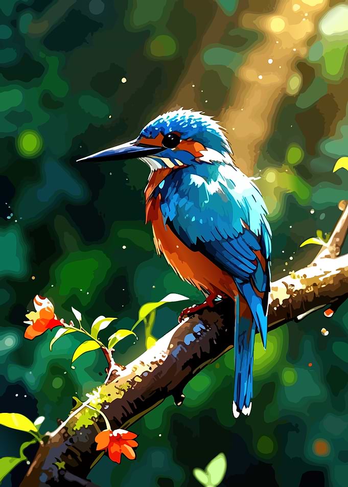 Vibrant Kingfisher on Branch Painting