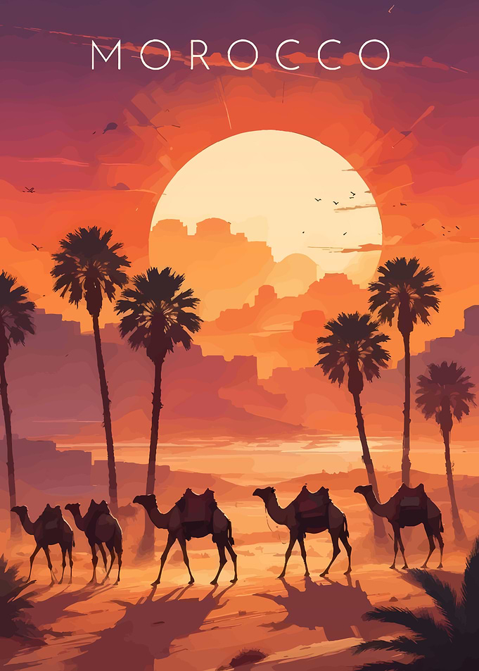 Morocco Desert Sunset Camel Caravan Art