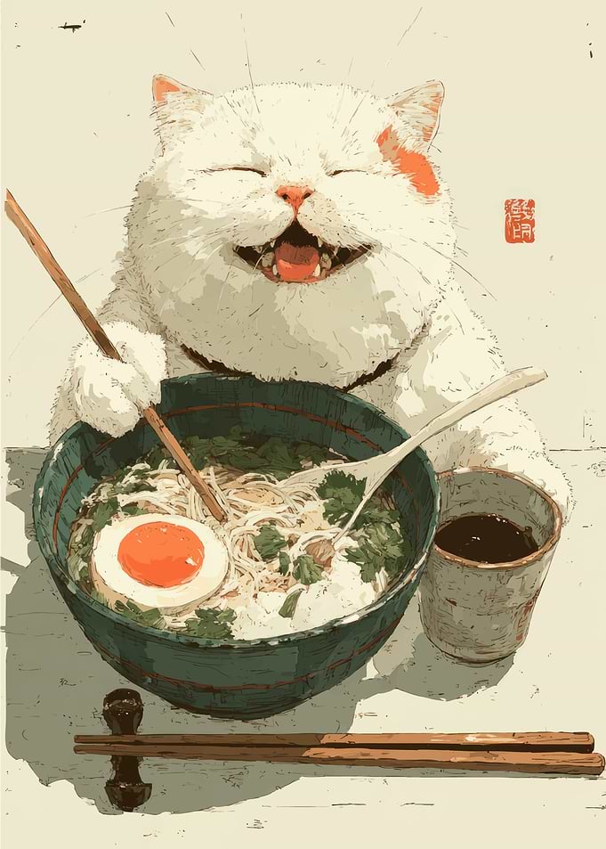 Happy Cat Eating Ramen Illustration