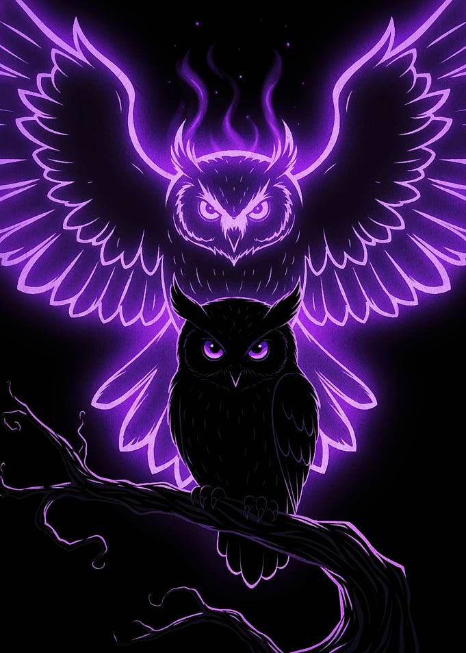 Two Owls with Purple Glow