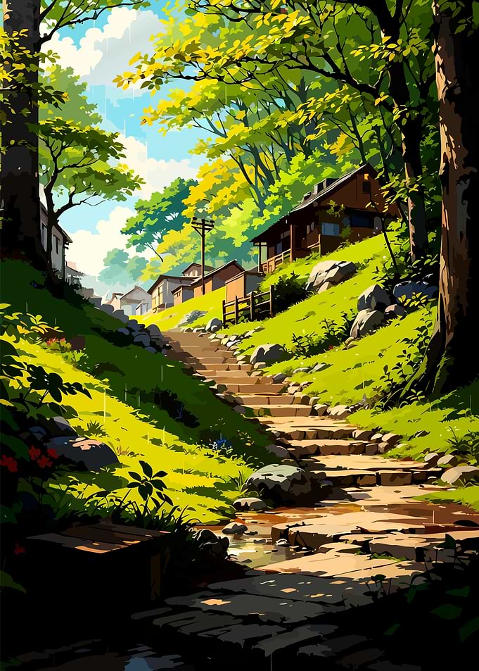 Lush Green Hillside Village Scene