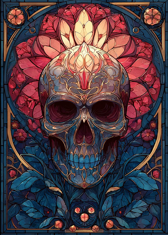 Stained Glass Skull with Floral Design