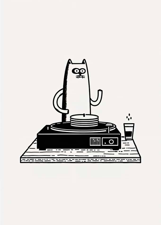 Cat DJ with Turntable and Drink