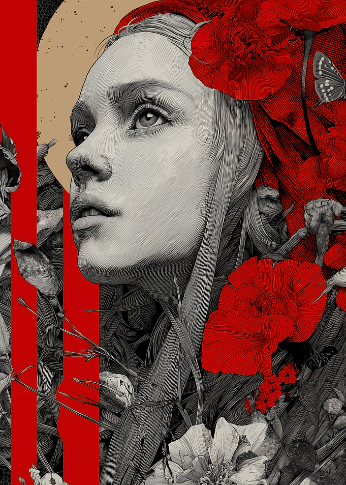 Woman with Red Flowers Abstract Digital Art