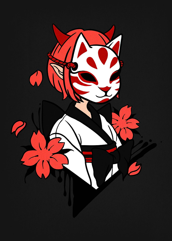 Anime Girl with Kitsune Mask and Horns