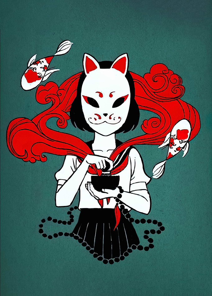 Girl with Kitsune Mask and Koi