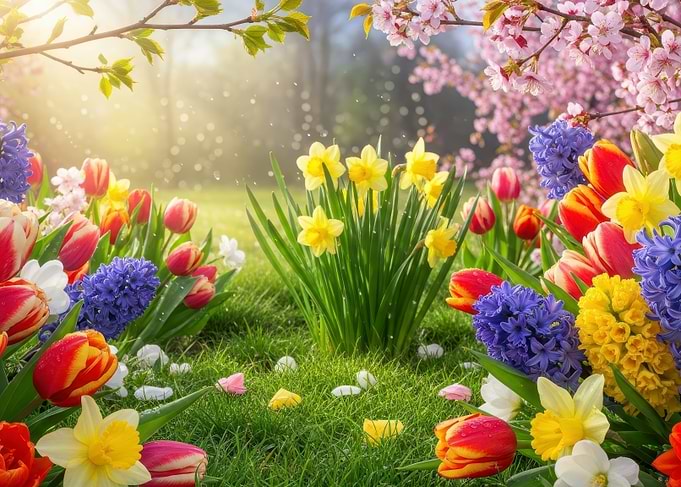 Spring Flowers in a Sunny Garden