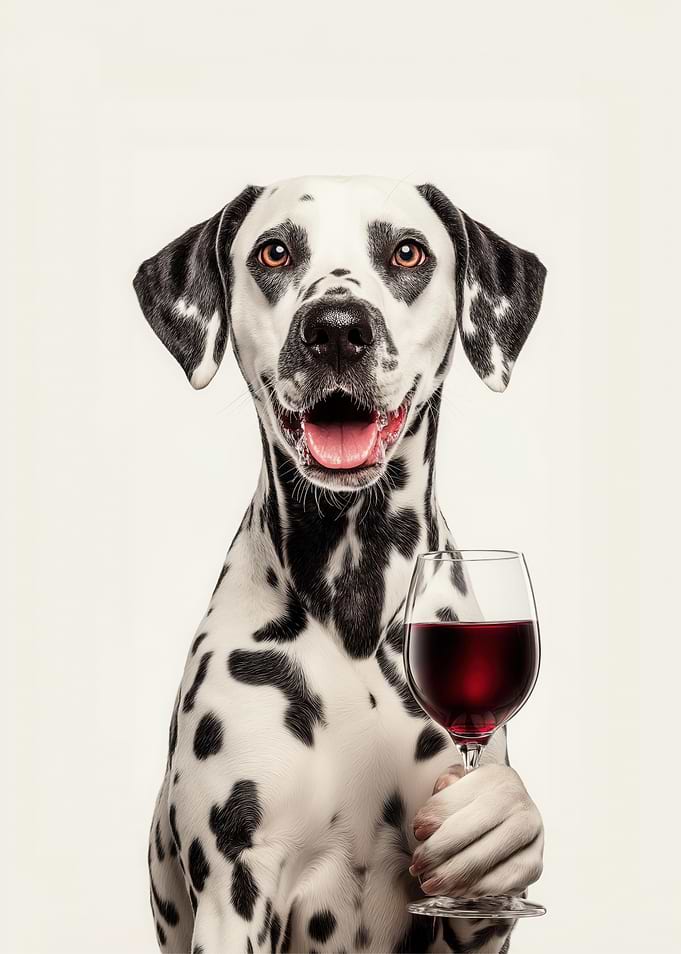 Dalmatian dog holding glass of red wine