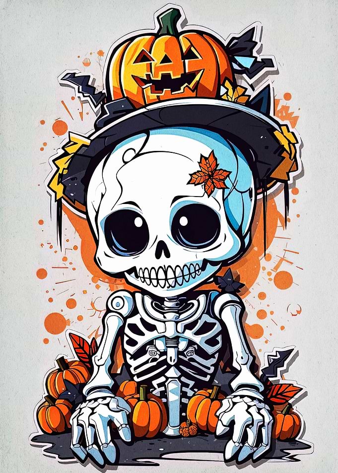 Cute Halloween Skeleton with Pumpkins