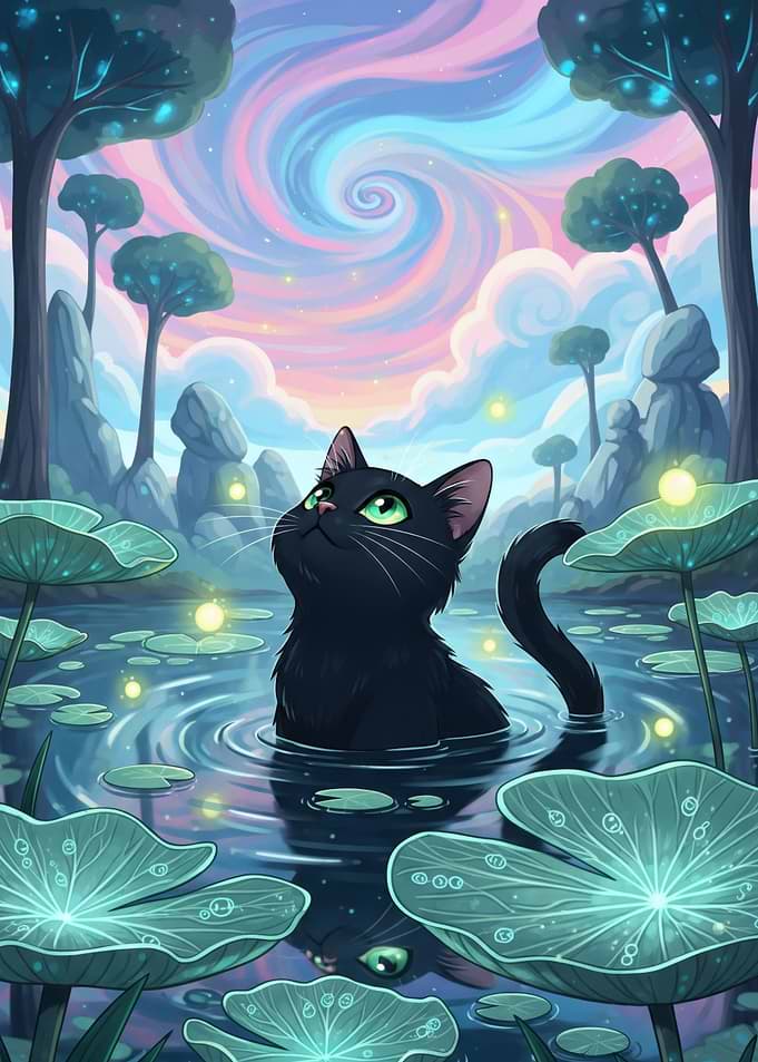 Black Cat in Magical Lily Pond