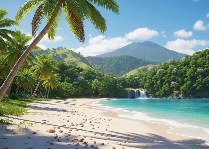 Tropical Beach Paradise with Waterfall