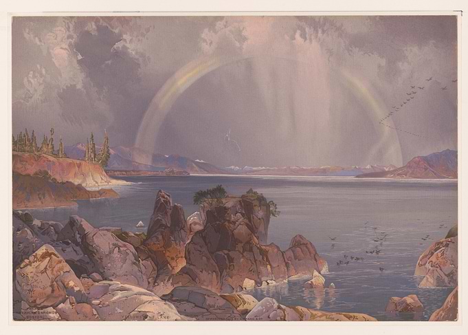 Coastal Landscape with Rainbow and Birds
