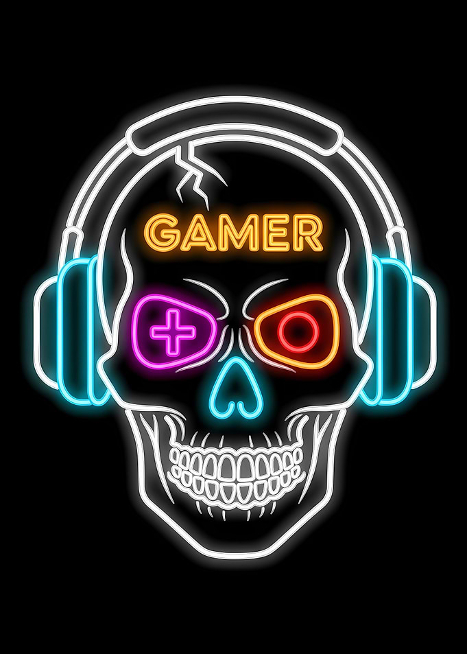 Neon Gamer Skull with Headphones