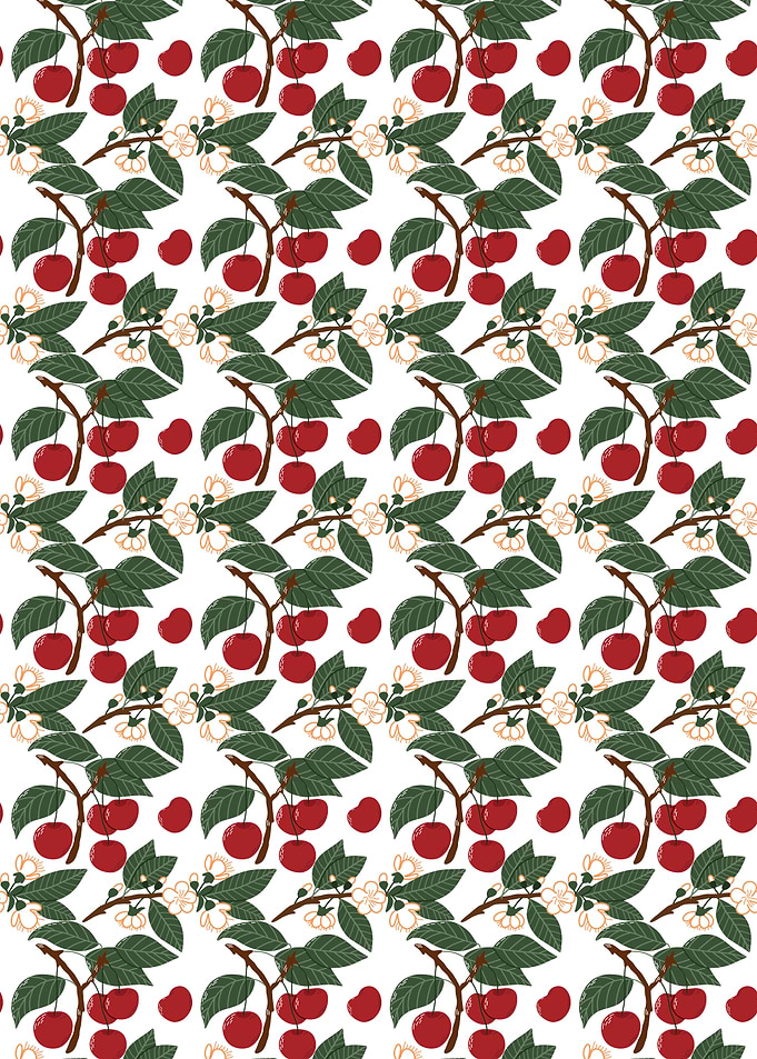 Cherry Pattern with Blossoms and Leaves