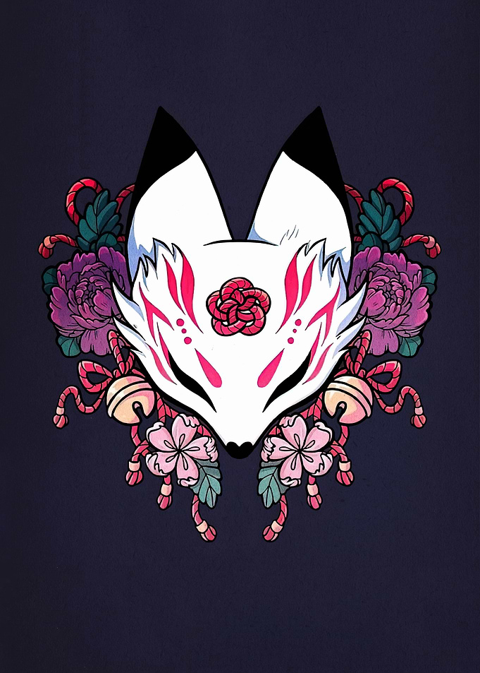 Kitsune Mask with Floral Decorations