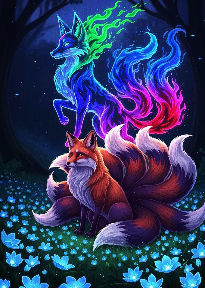 Fox Spirits in a Floral Glade