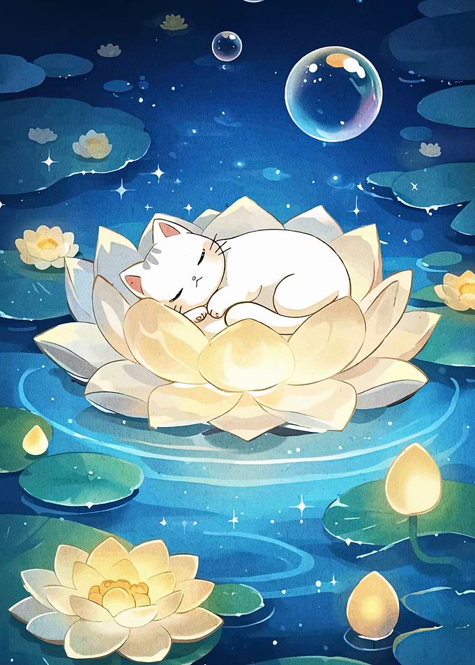 Sleeping cat on a lotus flower
