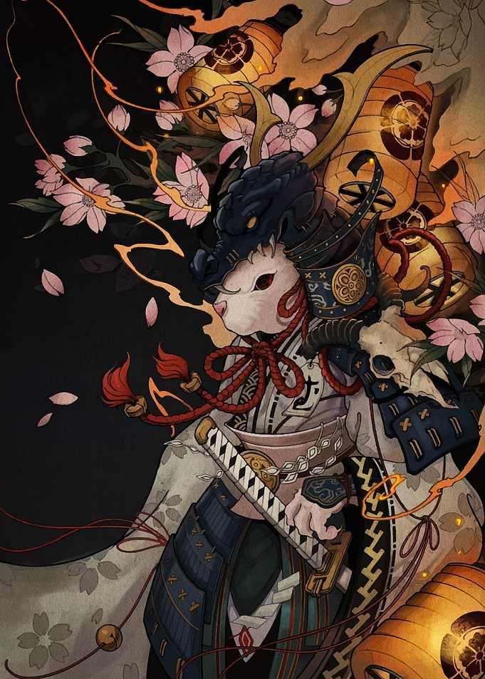 Samurai Rabbit with Cherry Blossoms
